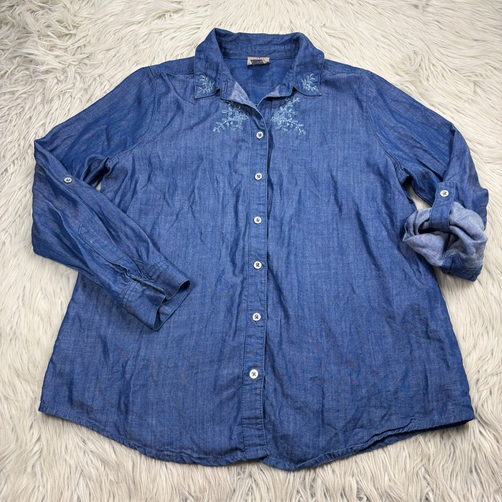 Chico's Women's M (1) Floral Embroidered Beaded Button Front Chambray Shirt Boho